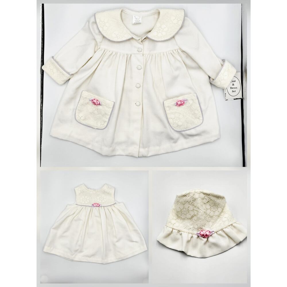 NWT Vintage BT Kids Cream Floral & Lace Detailing 3pc Coat Dress Hat Set Sz 12M
